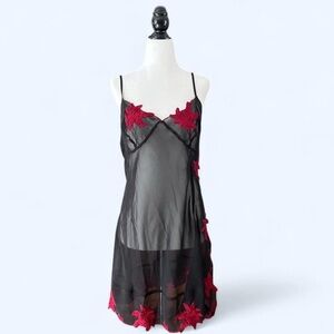90s La Vie En Rose Women’s Floral Black Red Lace Goth Lingerie Nightgown XL